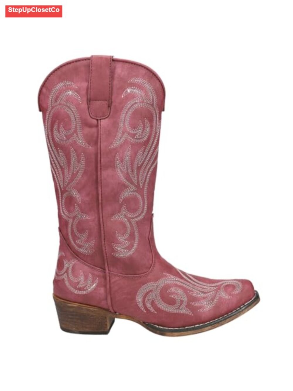 Faux Leather Tall Stuff Embroidery Snip Toe Boots Mid Calf Low Heel Pull On